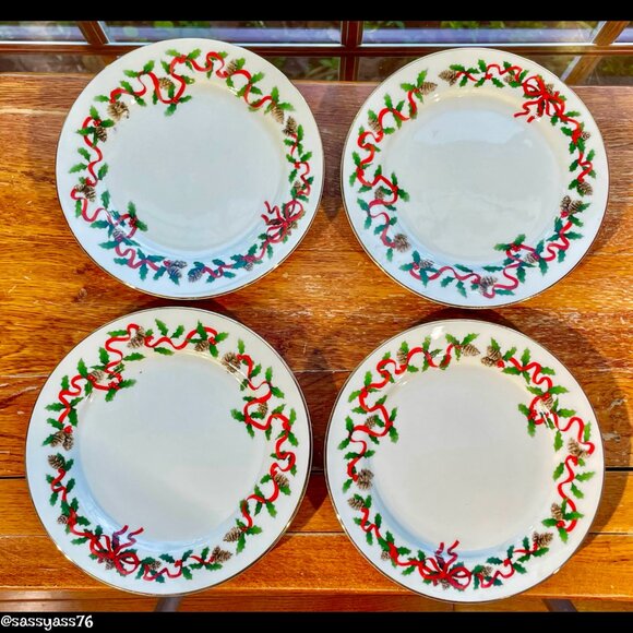 🆕VTG▪️RETRONEU▪️Set of 4 HOLIDAY RIBBONS 7.25" Gold Trim Porcelain Plates - Picture 3 of 6